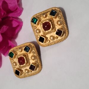 Gold Square Earrings with Gemstones